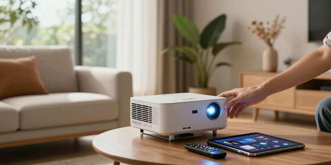 Proiector LED iluminând o cameră de zi modernă, creând o atmosferă confortabilă și primitoare.