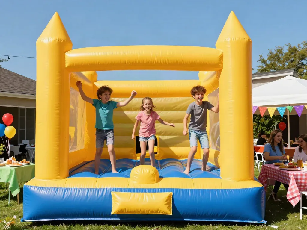 Children enjoying a bounce house at a sunny party celebration.