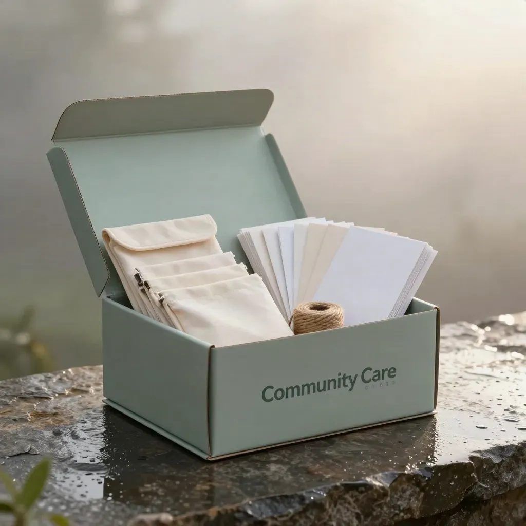 Oversized community care kit with pouches, twine, cards and tote on wet stone in soft rain mist.