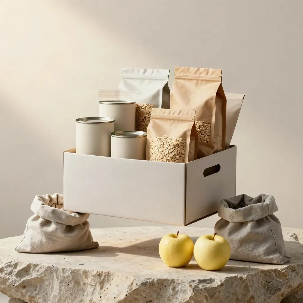 Family food box with pantry parcels, tins, oats and apples on pale stone in soft light.