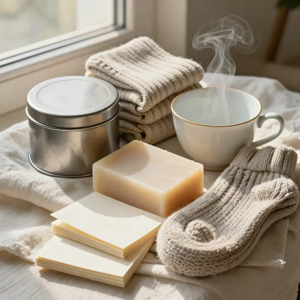 Overhead macro of a senior care kit with tea tin, socks, soap, notes and steam
