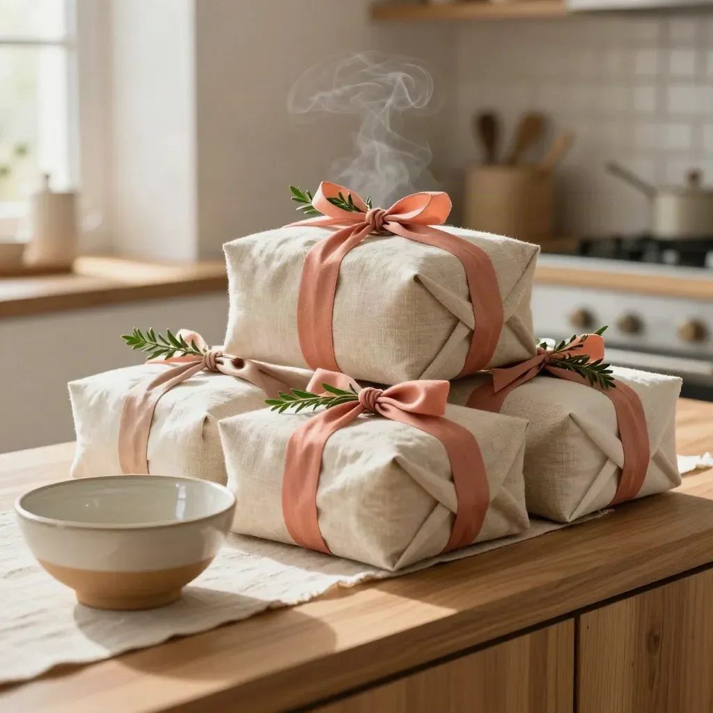 Three cloth-wrapped care packages beside a ceramic bowl on a linen runner