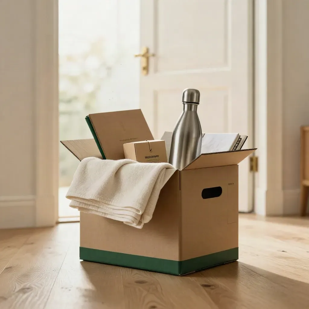 Open welcome box with blanket, towel, bottle, wrapped basics and notebook at a bright doorway.