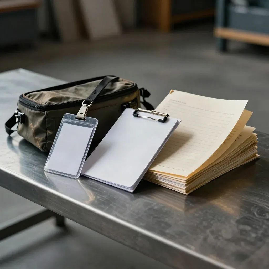 Volunteer starter kit items spread across a steel bench in dramatic warehouse light.