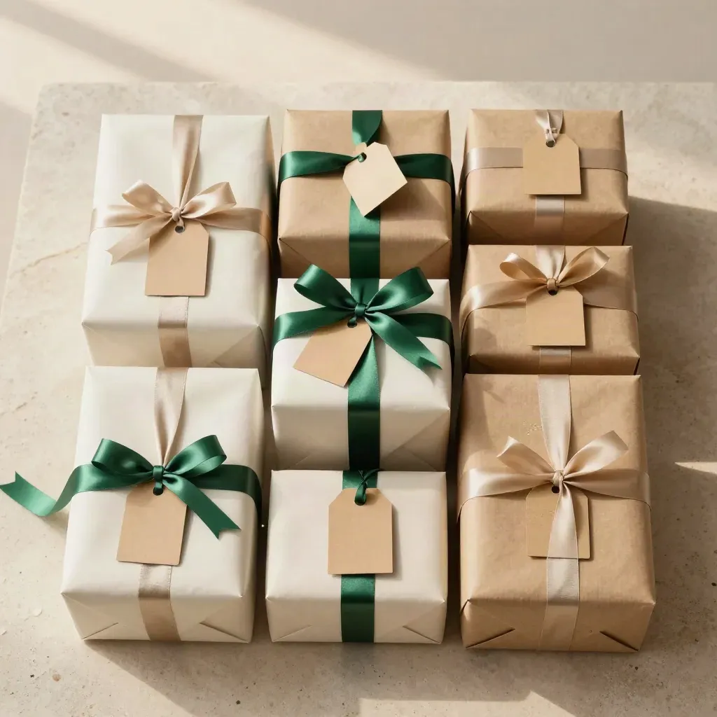 Overhead gift-drive flatlay with wrapped parcels, tags, ribbon, and delivery boxes on pale stone.