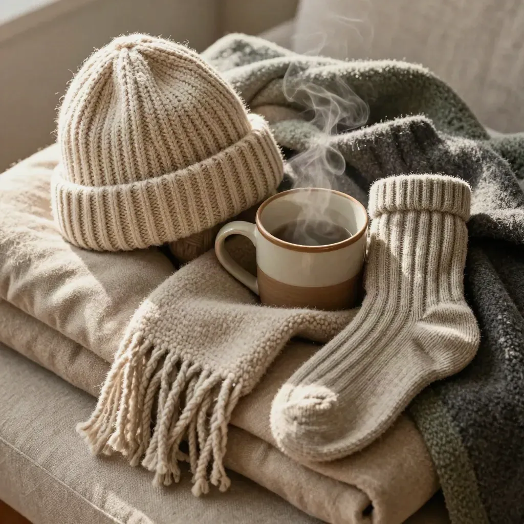 Warm knit hat, scarf, socks and mug nestled in folded wool with steam