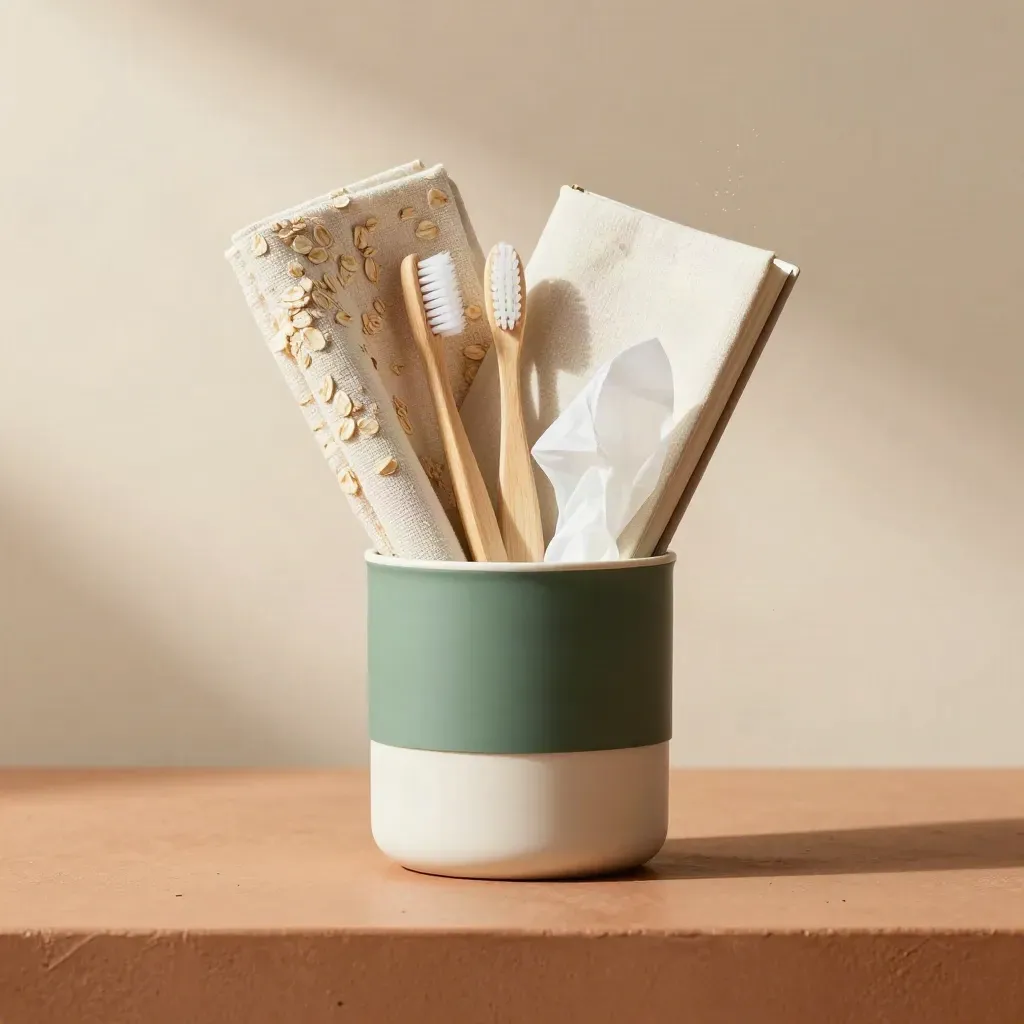 Open newcomer starter kit with towel, toothbrushes, wrapped dishware and notebook on terracotta plinth.