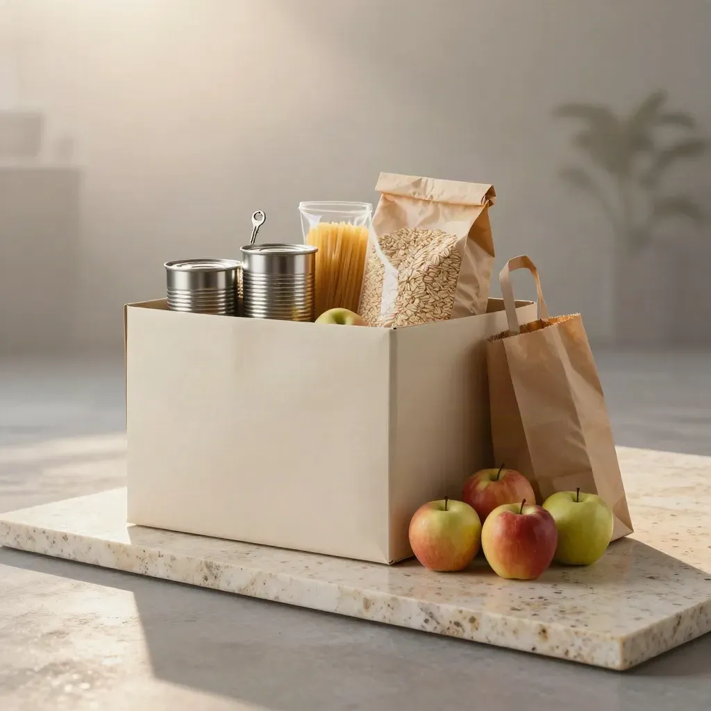 Cream food box with tins, pasta, oats and apples beside a slipping grocery sack on damp stone.