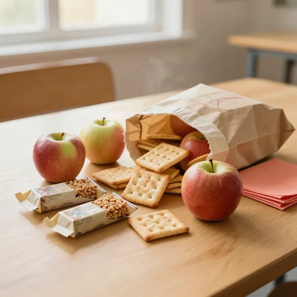 Snack pack with apples, granola bars, crackers, pouch, paper bag and coral napkin on a lunch table.