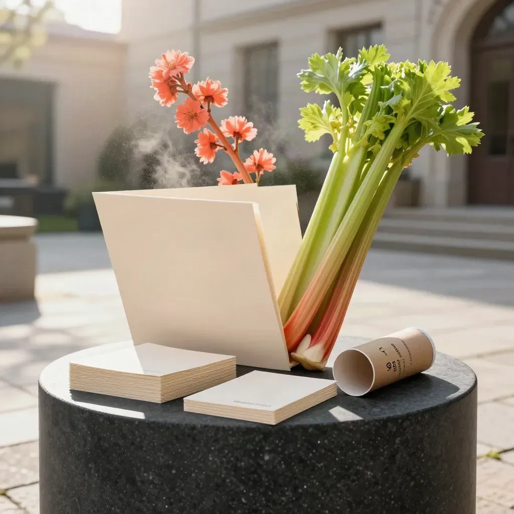 Spring care kit folders, tubes, cards and produce stems bursting in a bright courtyard.