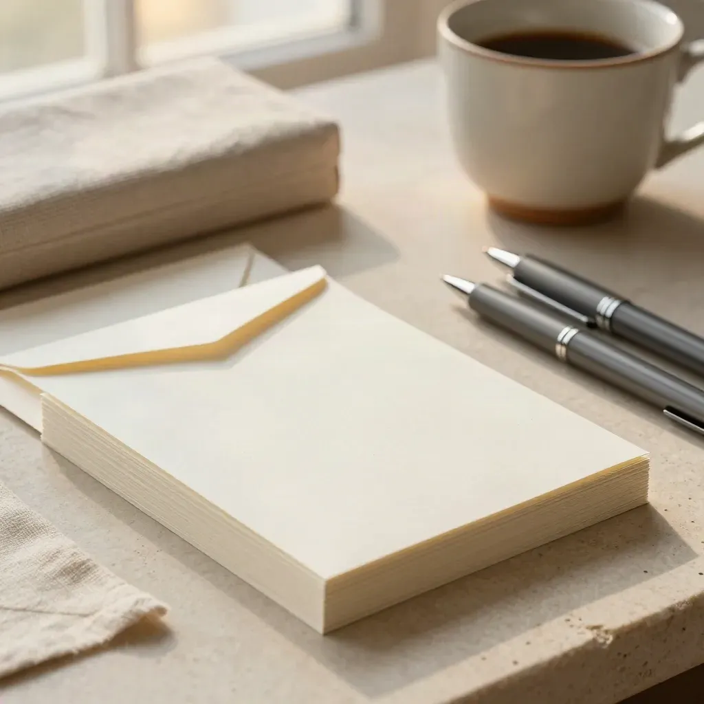 Cream stationery bundle with cards, pens, envelopes, box and ceramic cup on linen runner
