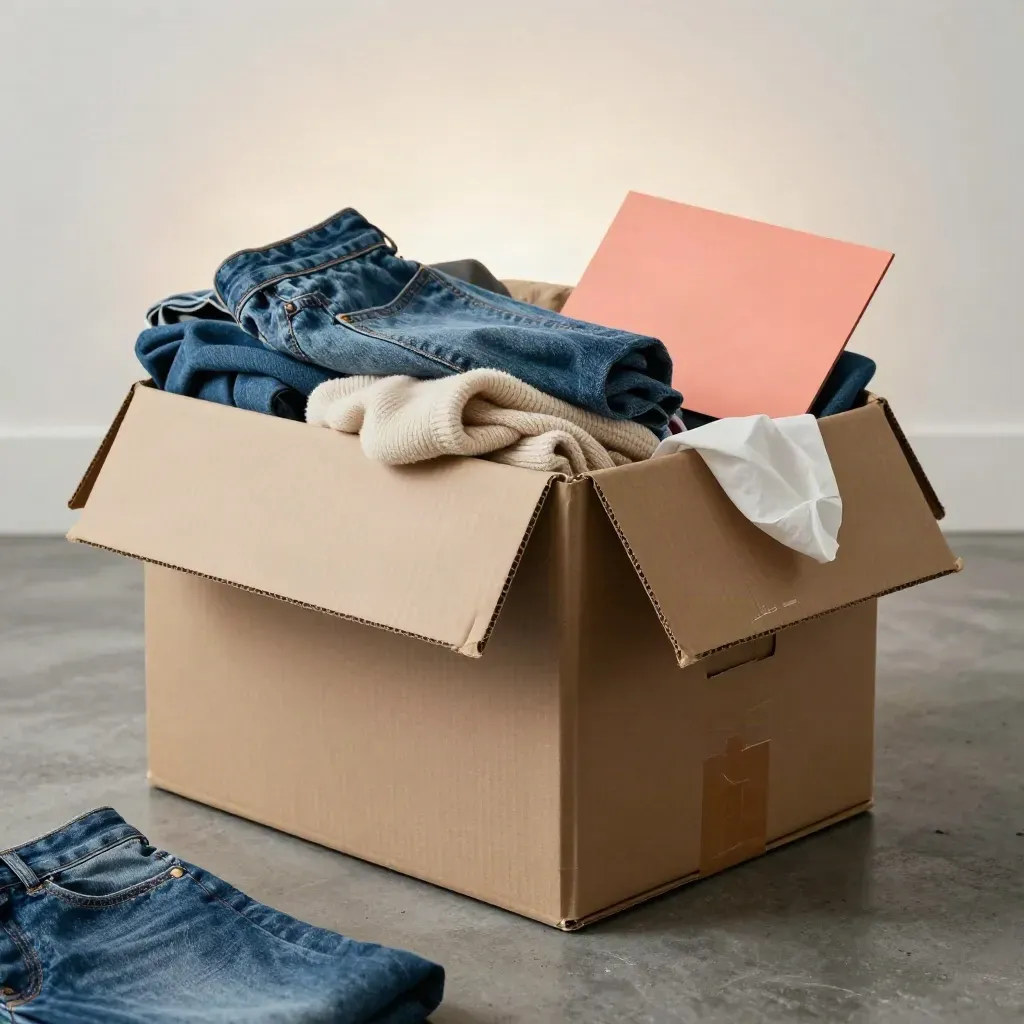 Tilting donation crate packed with denim, sweaters, and tissue on a concrete floor.