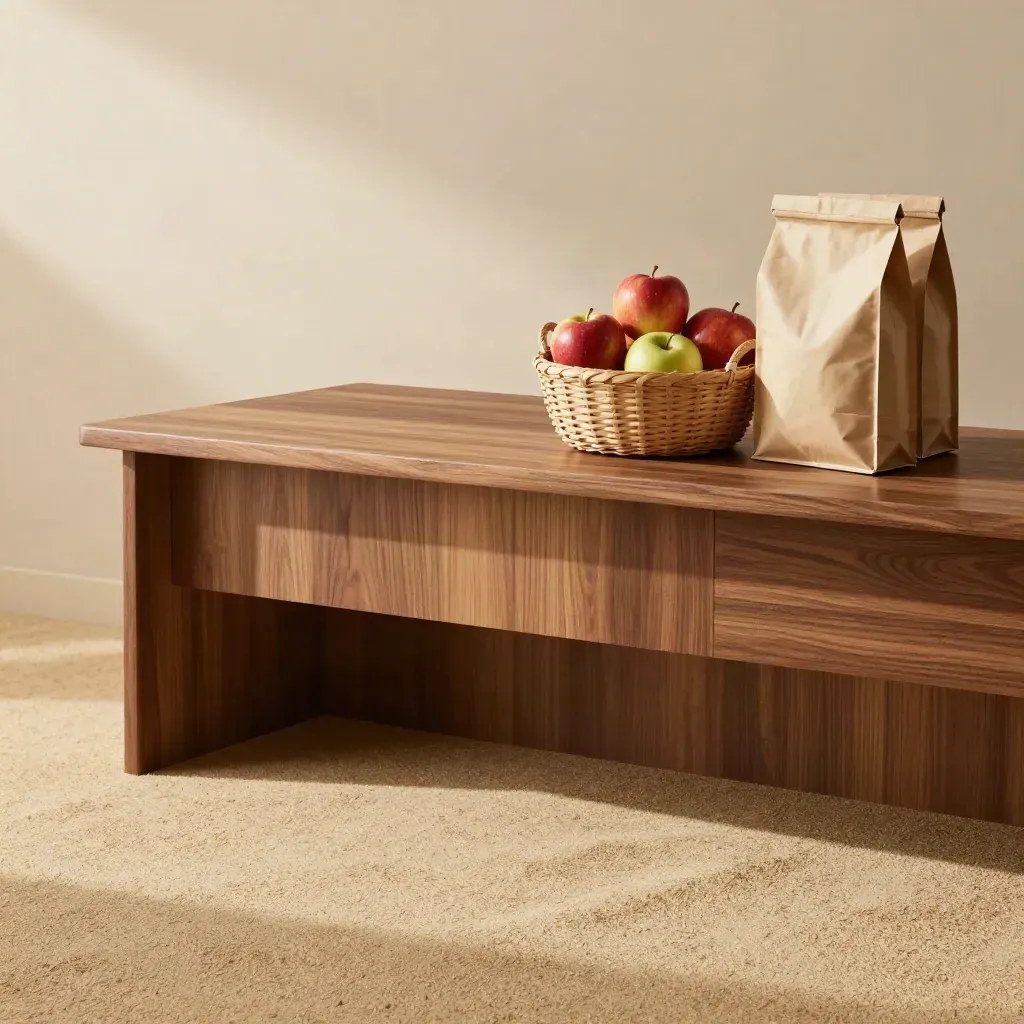 Sunlit butcher-block counter with apples and pantry bags high in frame, calm copy space below.
