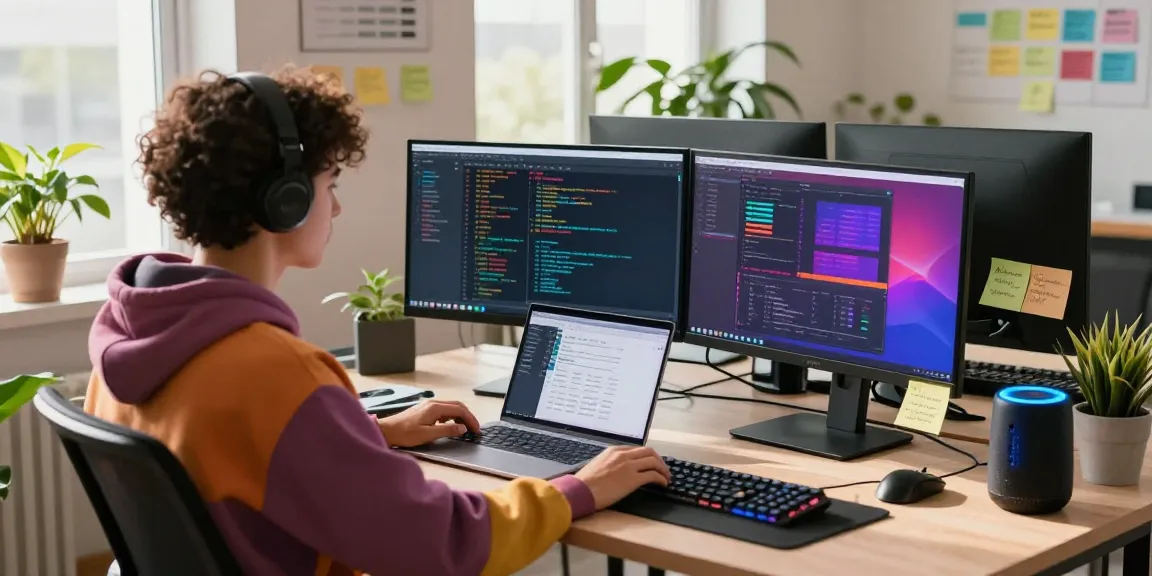 WPS Download in vibrant tech workspace with developer coding and dual monitors